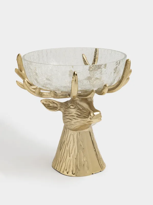 Ваза для фруктов, 27x26 см, на ножке, стекло/металл, золотистая, Олень, Arctic deer, image-0