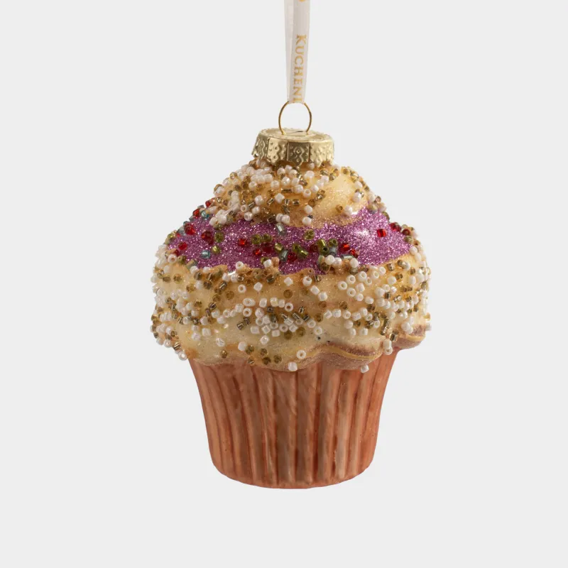Игрушка елочная, 7x10 см, стекло, с блестками, молочно-розовая, Кекс, Figure sparkle