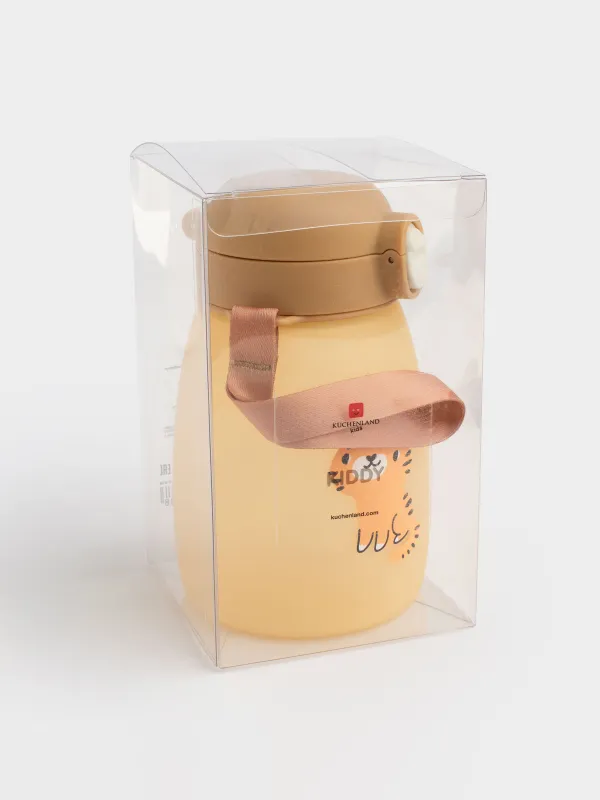 Бутылка-поильник, детская, 460 мл, с ремешком, силикон/пластик, молочная, Тигр, Kiddy, image-6