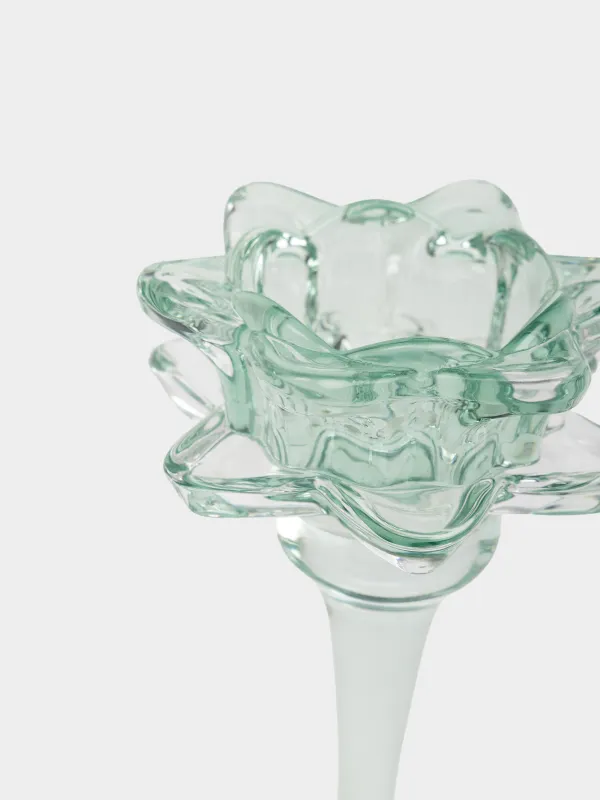 Подсвечник, 17 см, для чайной/тонкой свечи, на ножке, стекло, зеленый, Лотос, Fleur color, image-1