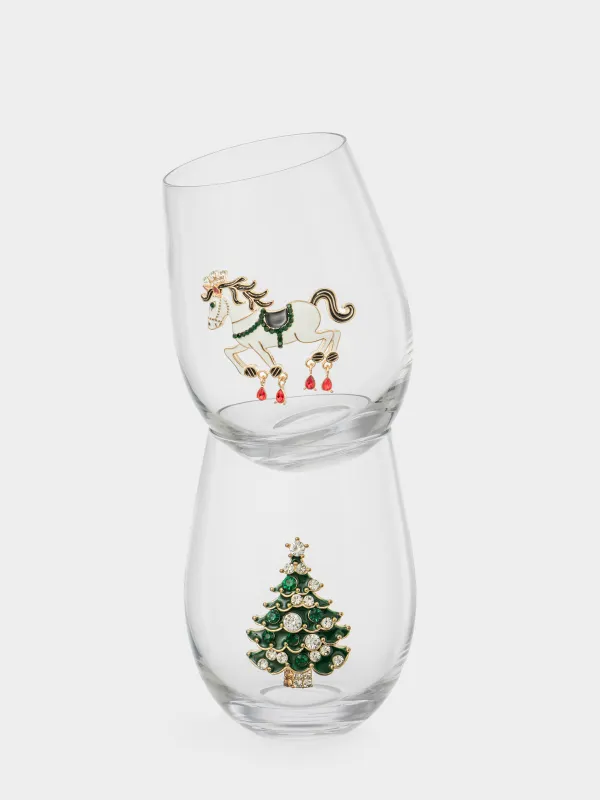 Стакан, 12 см, 500 мл, 2 шт, стекло/металл, Елка/Лошадь, Verset, image-1