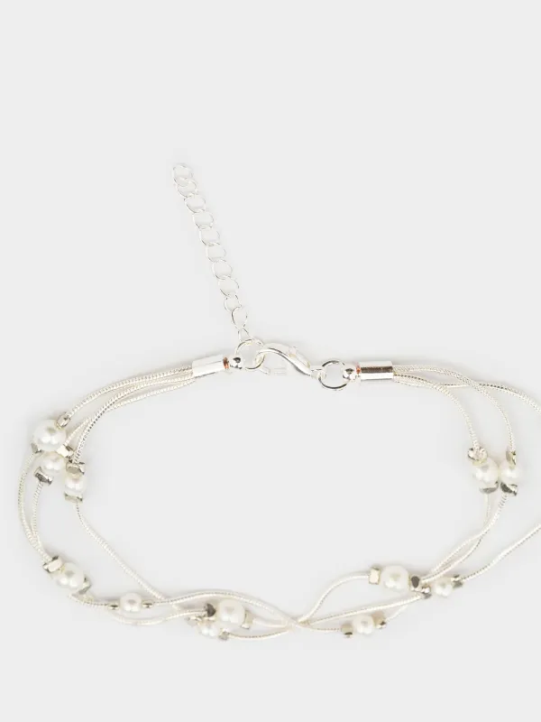 Браслет, 18 см, тройной, металл/пластик, серебристый, Бусины, Pearl, image-3
