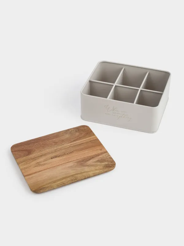 Коробка для чая, 18х15 см, 6 отд, металл/дерево, прямоугольная, бежевая, Ritlen, image-6