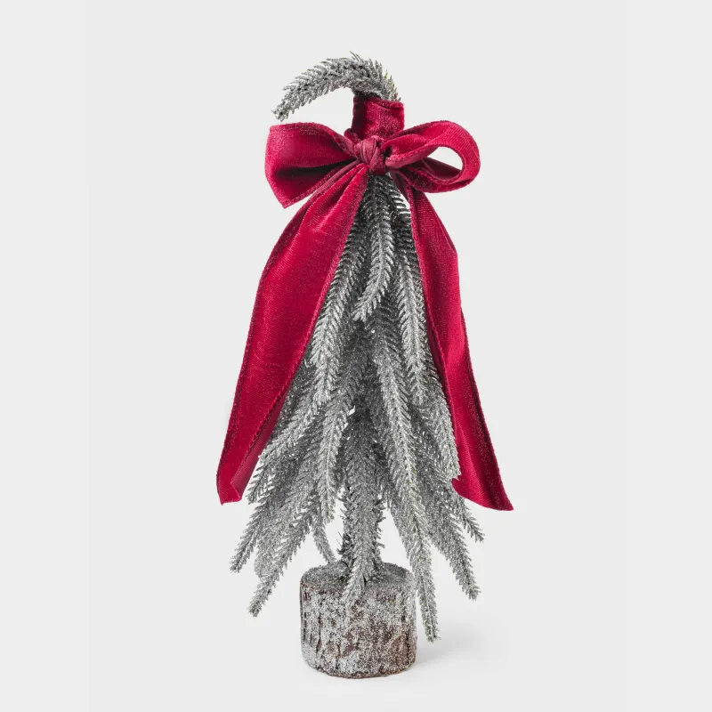 Ель искусственная, 30 см, пластик/дерево, серебристая, Ель с бордовым бантом, Conifer curved