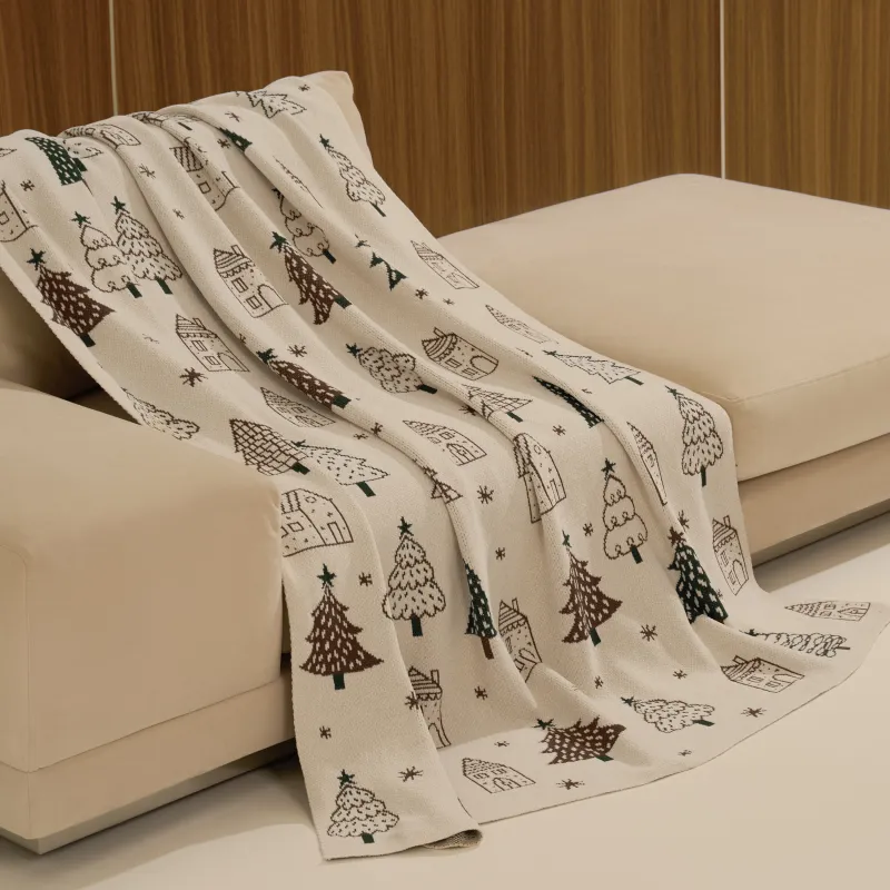 Плед, 130х170 см, полиэстер/хлопок, молочно-зеленый, Елки и дома, Tree