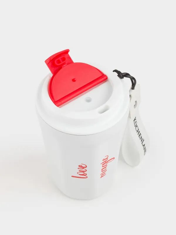 Термокружка, 350 мл, с ремешком, сталь/пластик/текстиль, бело-красная, Story, image-2