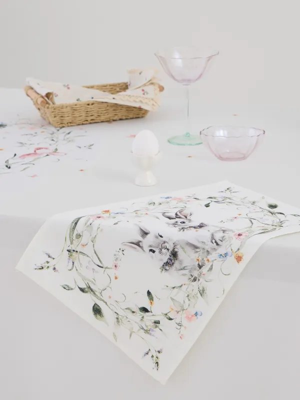 Салфетка под приборы, 30х45 см, полиэстер, белая, Кролики и цветы, Rabbits in flower, image-4