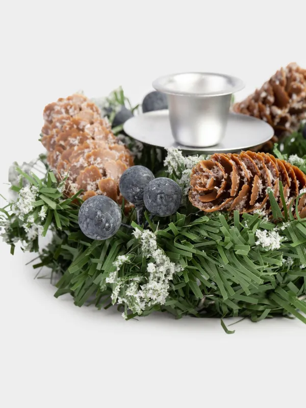 Подсвечник, 15 см, для тонкой свечи, ПВХ/металл, Синие ягоды и шишки, Snowy blue berry, image-3