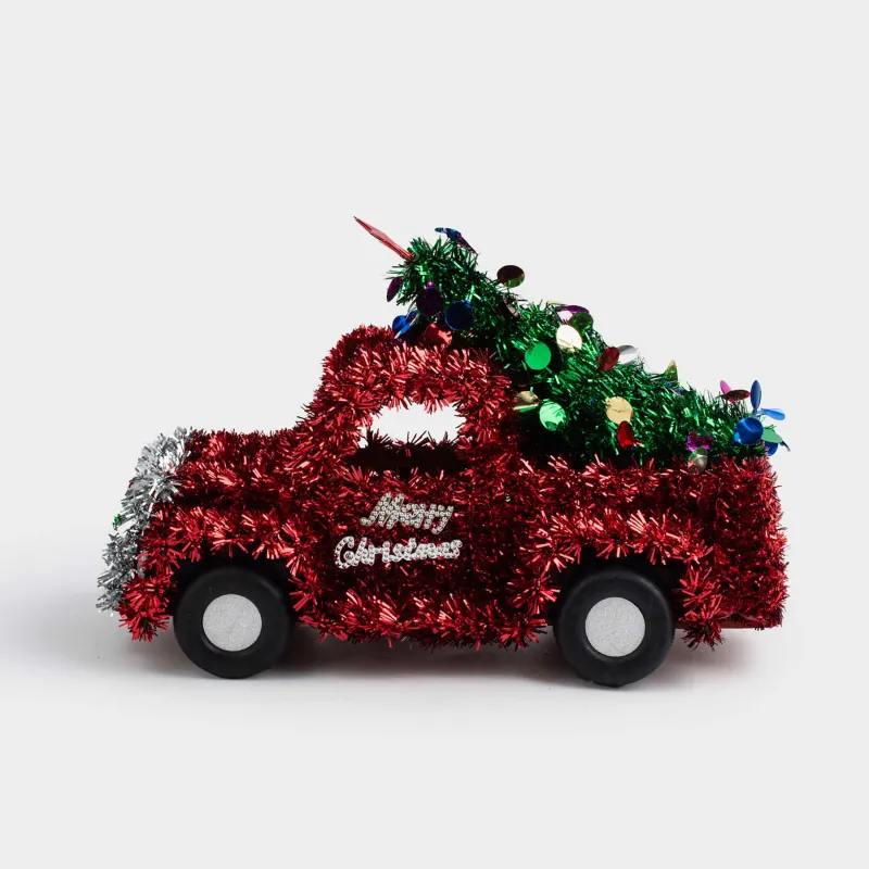 Статуэтка, 27 см, мишура/пластик, красная, Машина с елкой, Tinsel decor