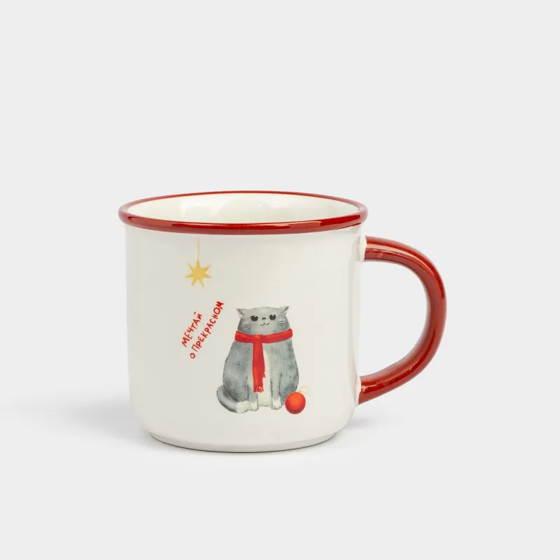 Кружка, 470 мл, керамика, бело-бордовая, Кот с клубком, Winter friends