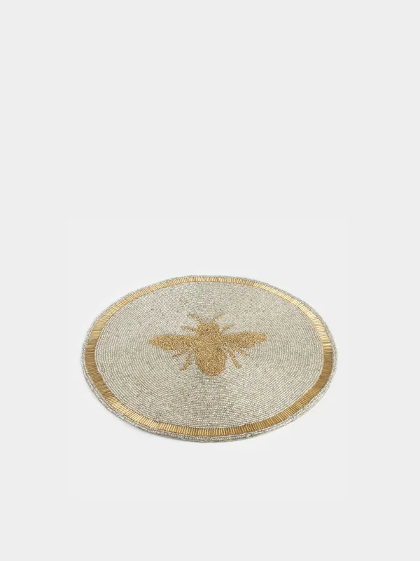 Салфетка под приборы, 36 см, бисер, круглая, молочно-золотистая, Пчела, Art beads, image-1