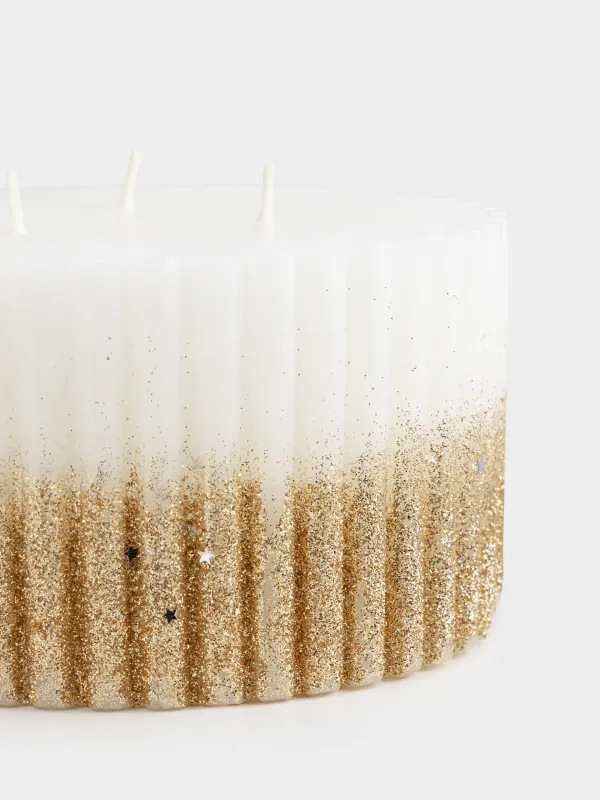 Свеча, 13х8 см, цилиндрическая, три фитиля, с блестками, молочно-золотистая, Ribbed candle, image-3