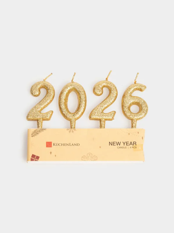 Свеча, 5x3 см, 4 шт, с блестками, золотистая, 2026, New Year, image-3