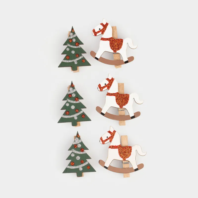 Клипса декоративная, 5 см, 6 шт, дерево, с блестками, белая/зеленая, Лошадь/Елка, Figure wood