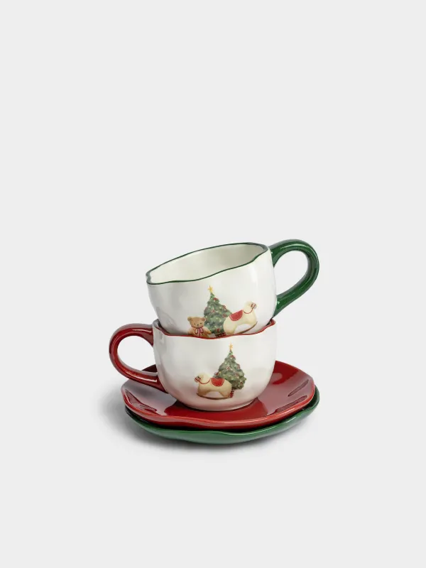 Пара чайная, на 2 персоны, 260 мл, Мишка и овечка с елкой, Christmas green, image-0