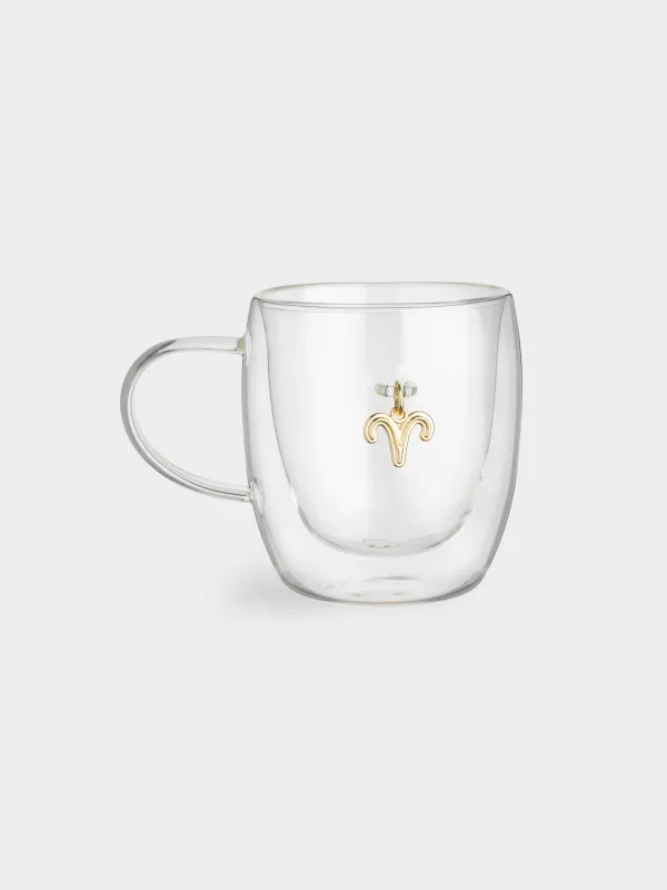 Кружка, 280 мл, стекло Б/металл, с золотистой подвеской, Овен, Air figure zodiac, image-0