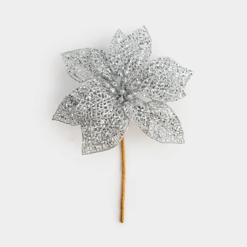 Украшение декоративное, 19 см, пластик, серебристое, Пуансеттия, Flower decor