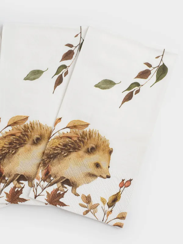 Салфетки бумажные, 33х33 см, 20 шт, прямоугольные, белые, Еж и листья, Hedgehog in leaves, image-4