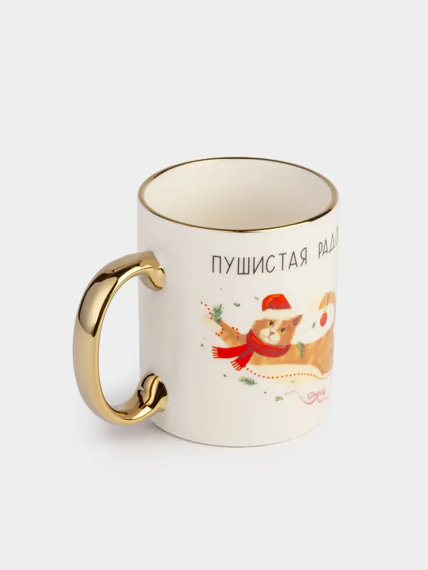 Кружка, 350 мл, фарфор N, бело-золотистая, Праздничные коты, Christmas cat, image-1