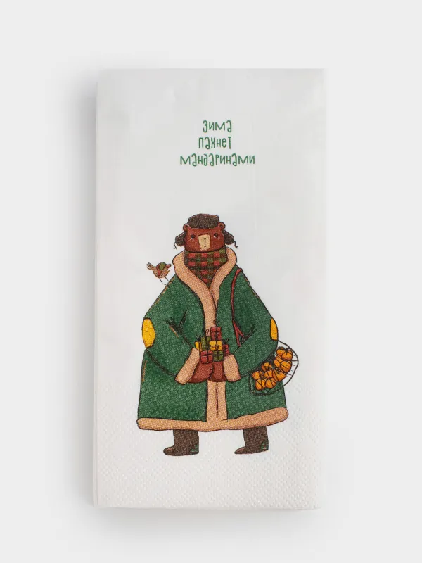 Салфетки бумажные, 33х33 см, 20 шт, прямоугольные, белые, Медведь в пальто, Bear, image-0