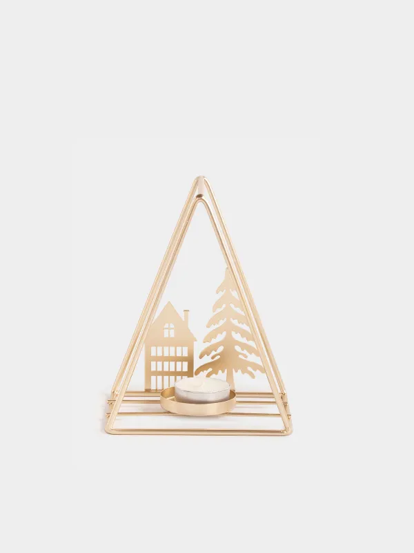 Подсвечник, 13х16 см, для чайной свечи, металл/стекло, шампань, Елка и домик, Champagne style, image-3