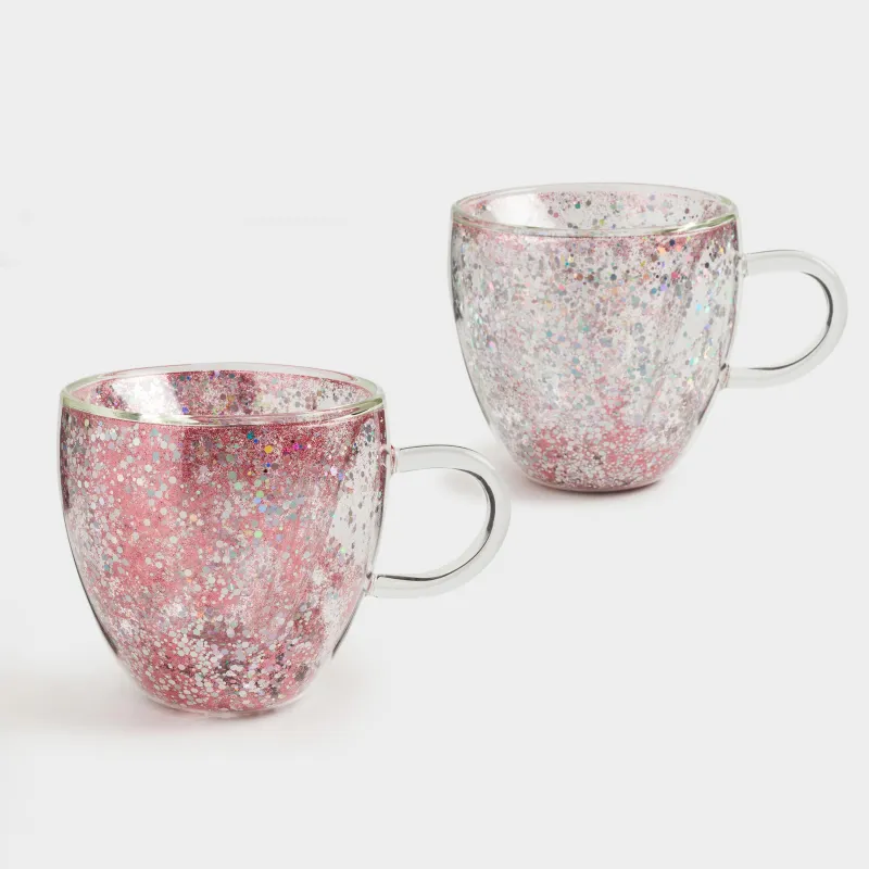Кружка, 250 мл, 2 шт, стекло Б, с серебристо-розовыми блестками, Сердце, Air sparkly