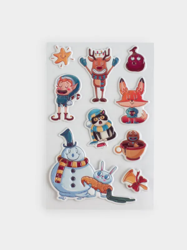 Набор наклеек, 10х16 см, многоразовые, ПВХ, Новогодние герои, Christmas decal, image-0