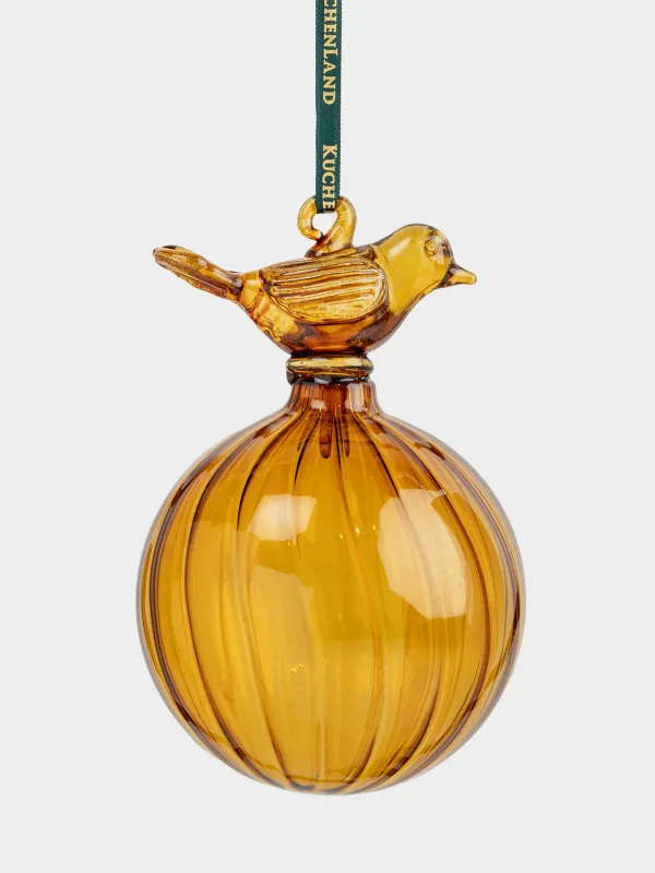 Игрушка елочная, 8 см, стекло, янтарная, Шар с птичкой, Ball figure, image-0