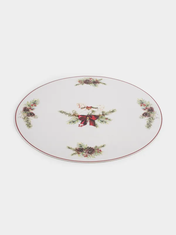 Салфетка под приборы, 38 см, ПВХ, круглая, белая, Лошадка и еловые ветви, Rock print, image-1