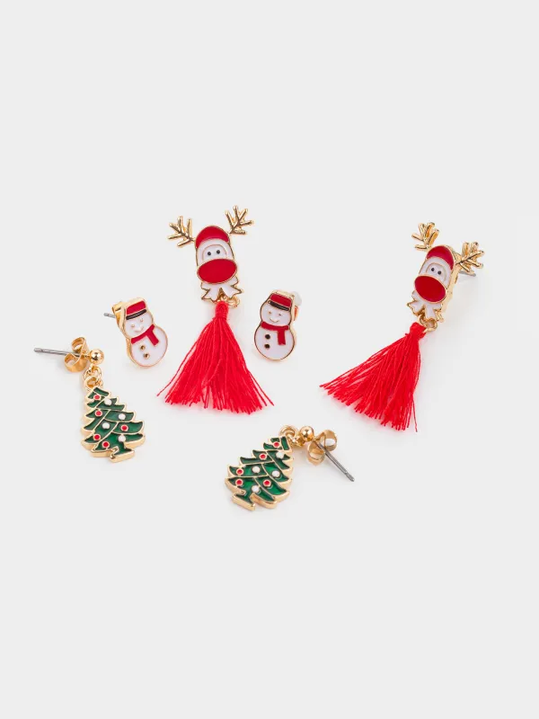 Серьги-пусеты, 1/2/4 см, 6 шт, металл, золотистые, Снеговик/Елка/Олень, Jewelry christmas, image-0