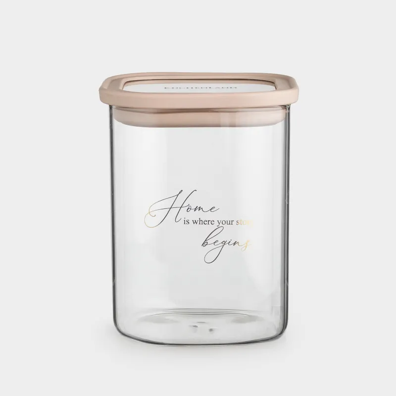 Банка для сыпучих продуктов, 920 мл, стекло/силикон, квадратная, бежевая, Verre