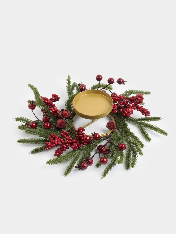 Венок для свечи, 10/30 см, пенопласт/пластик, Красные ягоды, Red berry, image-0