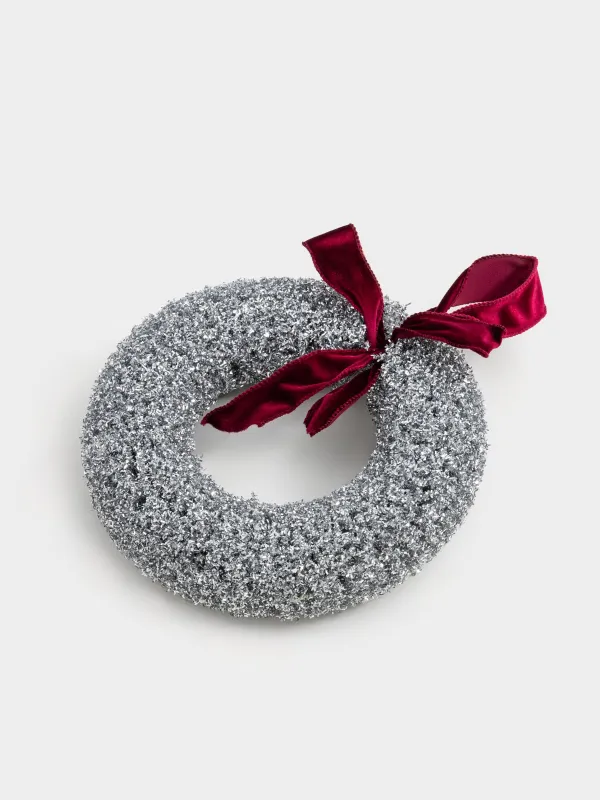 Венок рождественский, 30 см, пластик/металл, серебристый, Бант, Frosty sparks, image-1