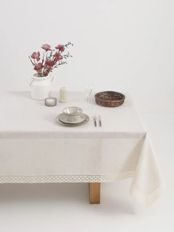 Скатерть, 170х250 см, с кружевом, полиэстер/лен/хлопок, бежевая, Natural framed, image-0