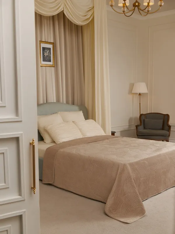 Покрывало, 220х240 см, стеганое, полиэстер, бежево/серое, Пальмовый лист, Stitch velvet, image-4