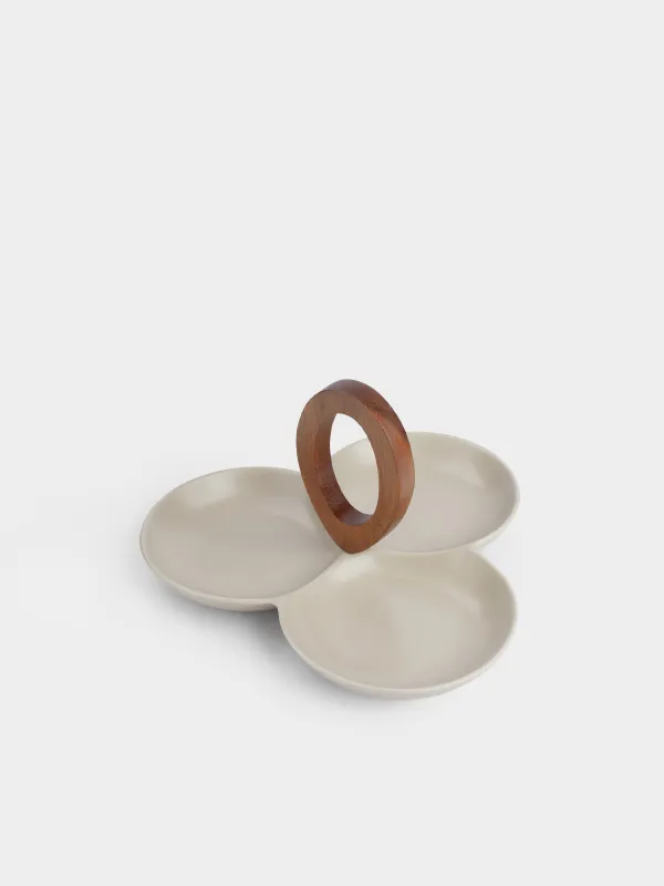 Менажница, с декором, 24 см, 3 отд, с ручкой, фарфор P/дерево, молочная, Ceramo noble, image-4