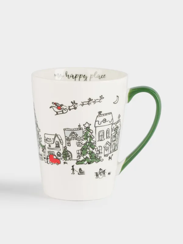 Кружка, 420 мл, фарфор N, бело-зеленая, Праздничный город, Christmas city, image-0