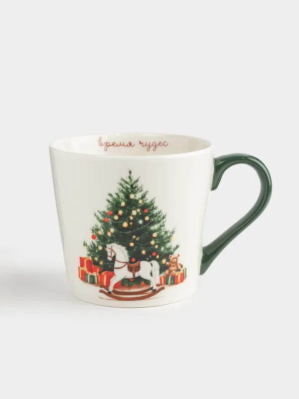 Кружка, 450 мл, фарфор N, бело-зеленая, Лошадка с елкой, Horse christmas, image-0
