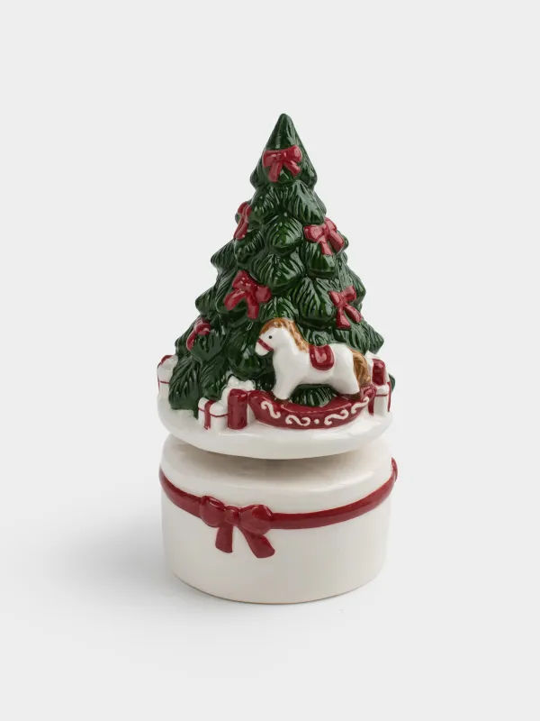 Статуэтка музыкальная, 17 см, заводная, керамика, Мишка и лошадка у ели, Christmas traditions, image-3