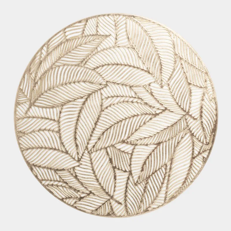 Салфетка под приборы, 38 см, ПВХ, круглая, золотистая, Листья, Azhur Grid
