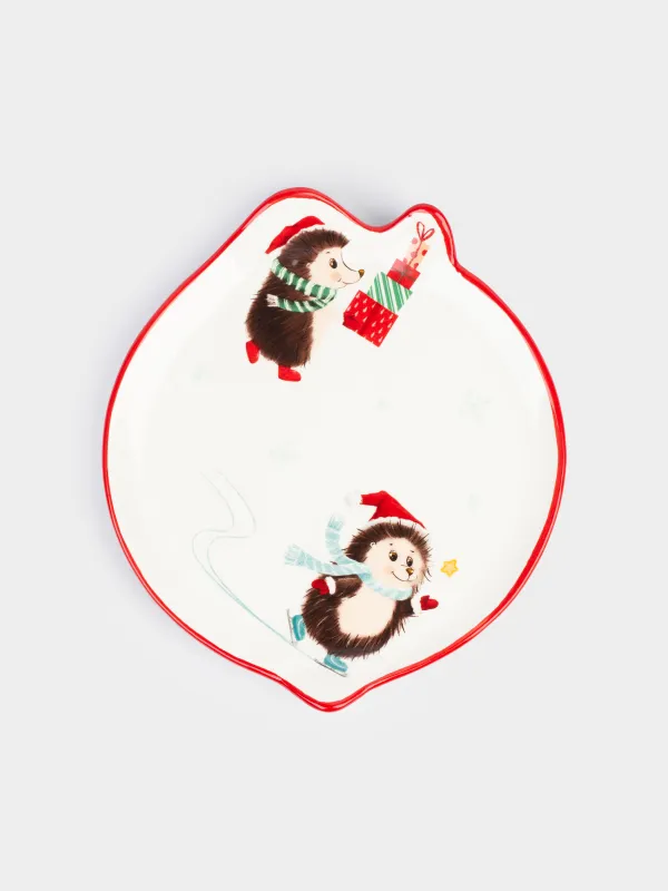 Тарелка закусочная, 21 см, керамика, белая, Ежи с подарками, Hedgehog christmas, image-0