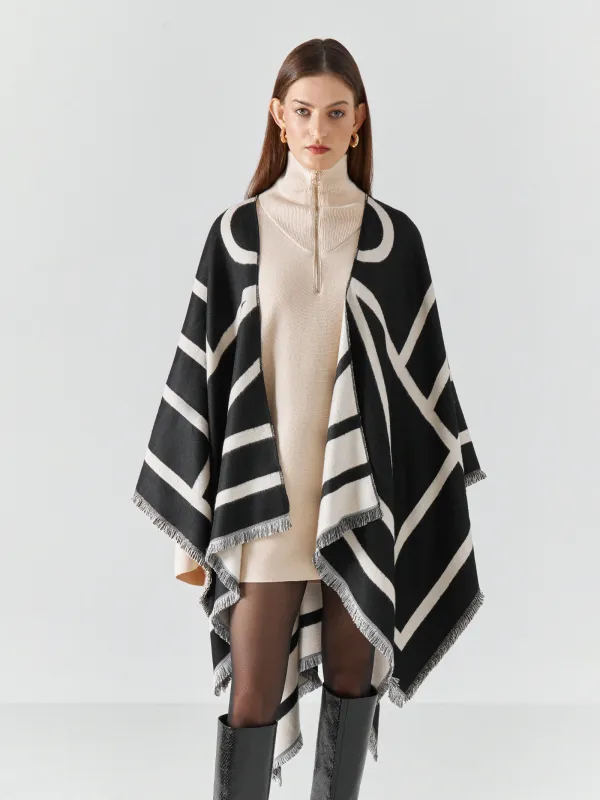 Пончо с бахромой, двустороннее, молочно-черное, Poncho, image-1