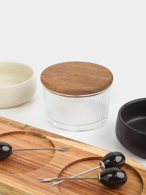 Набор для закусок, 3 пр, на подставке, со шпажками, керамика/стекло/дерево, черно-белый, Noble tree, image-5