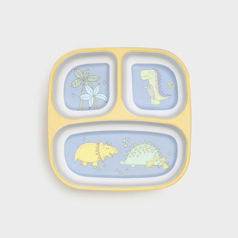 Тарелка обеденная, детская, 18 см, 3 отд, бамбук, квадратная, желто-голубая, Динозавр, Dino
