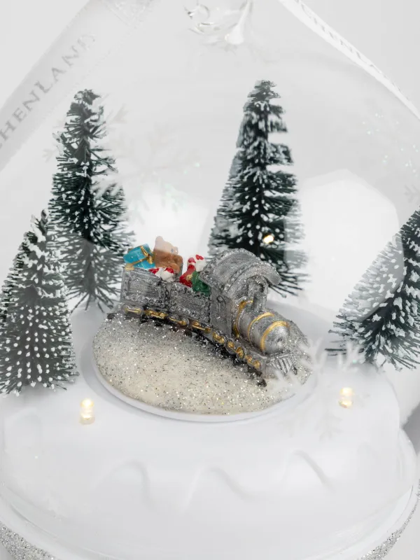 Статуэтка музыкальная, 12 см, с подсветкой, вращающаяся, стекло, серебристая, Шар с поездом, Silver style, image-1