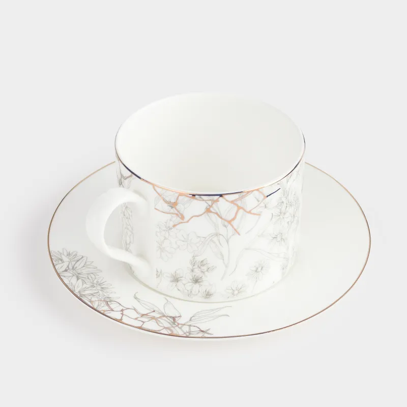 Пара чайная, 1 перс, 2 пр, 350 мл, фарфор F, бело-золотистая, Пчелы с цветами, Honey, image-1