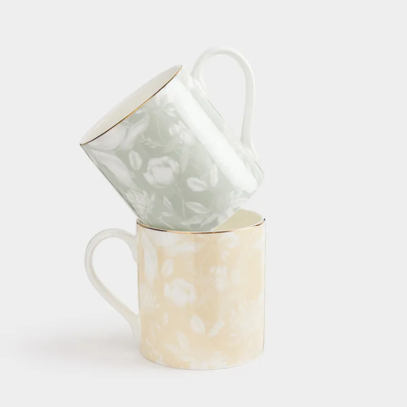 Кружка, 380 мл, 2 шт, фарфор F, с золотистым кантом, желтая/зеленая, Нежные цветы, Surreal, image-0