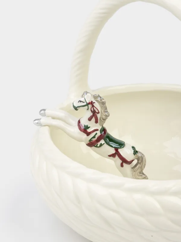 Конфетница, 20х20 см, с ручкой, керамика, белая, перламутр, Лошадка внутри, Horse polar, image-3