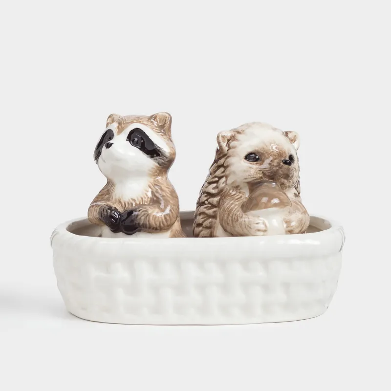 Набор для соли и перца, 13 см, на подставке, керамика, молочно-серый, Енот и еж, Slight frost