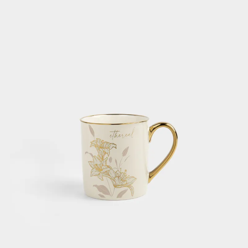 Кружка, 300 мл, фарфор N, бело-золотистая, с золотистым кантом, Лилии, Flower gold